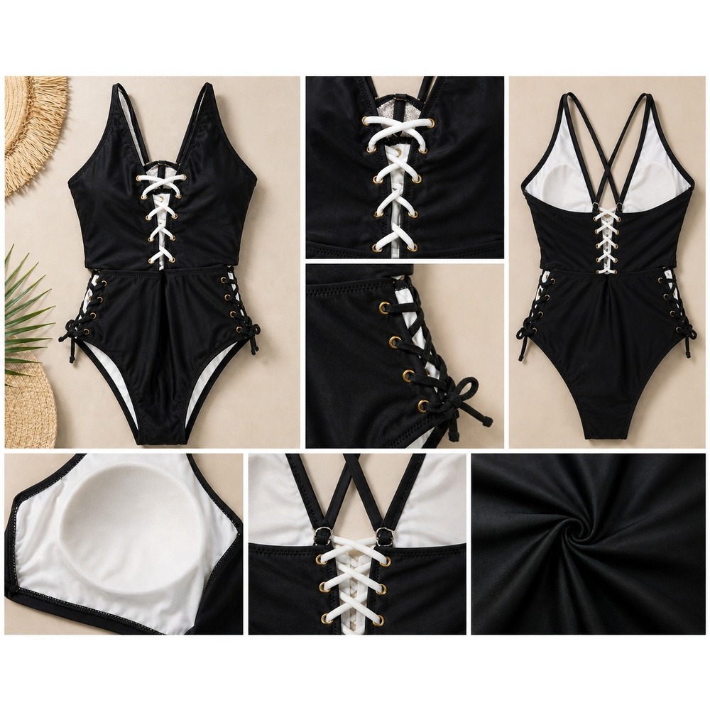 Black Lace Up One Piece Swimsuit M Womens Cutout High Cut Strappy Gold Eyelet